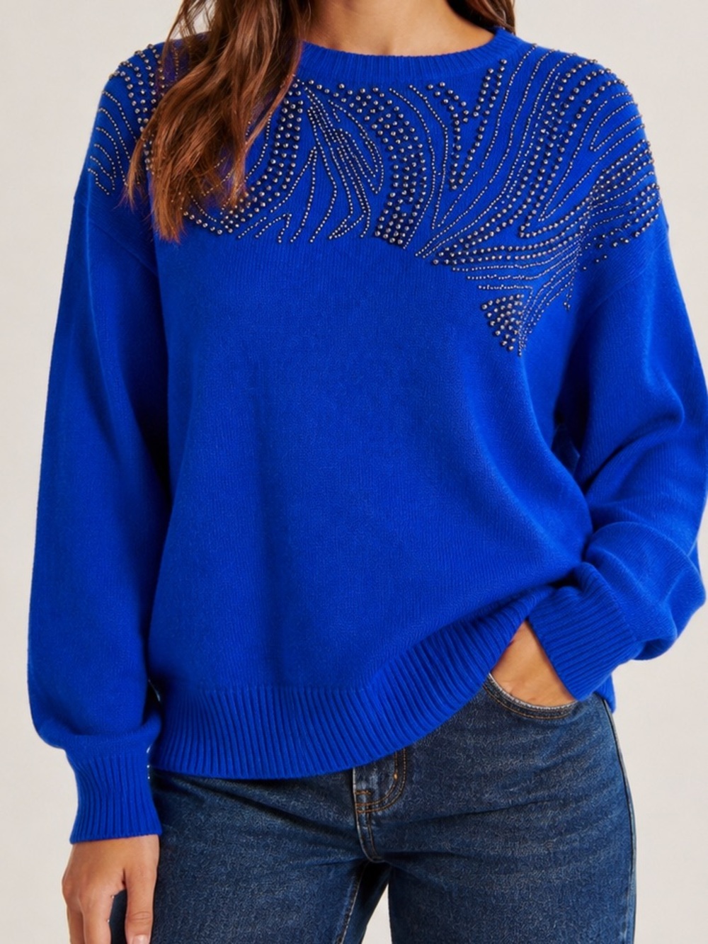 Vintage Carini Cobalt Blue Studded Sweater M/L Beaded Rhinestone Retro Knit Top